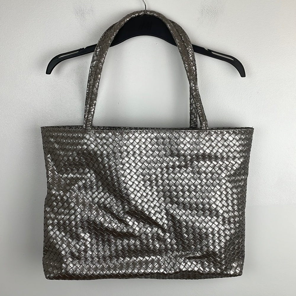 Belk Large Silver Woven Shopping Tote Shoulder Bag.
